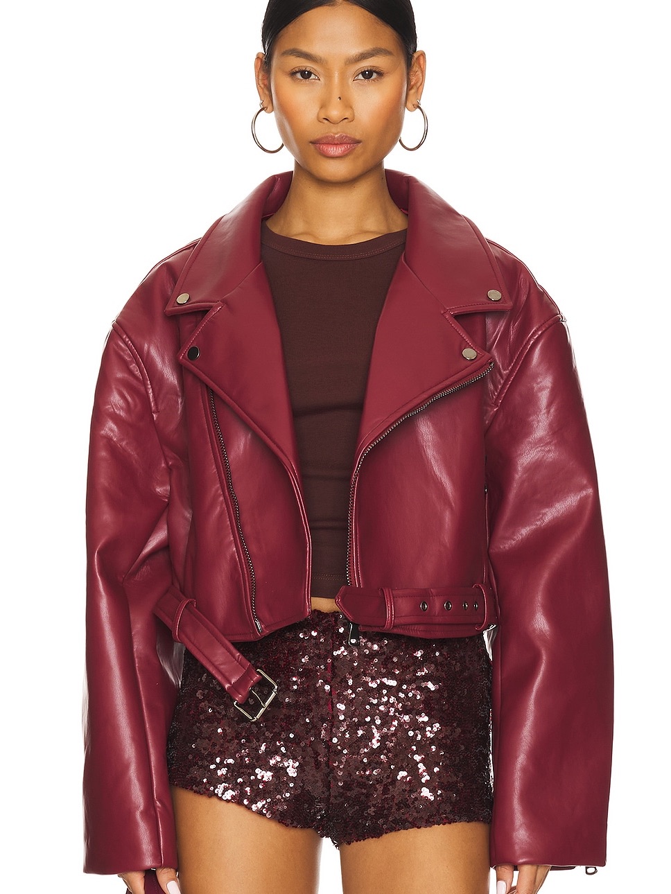 Lioness Staten Vegan Leather Moto Jacket Mulberry Burgundy Belted Nwot Xs